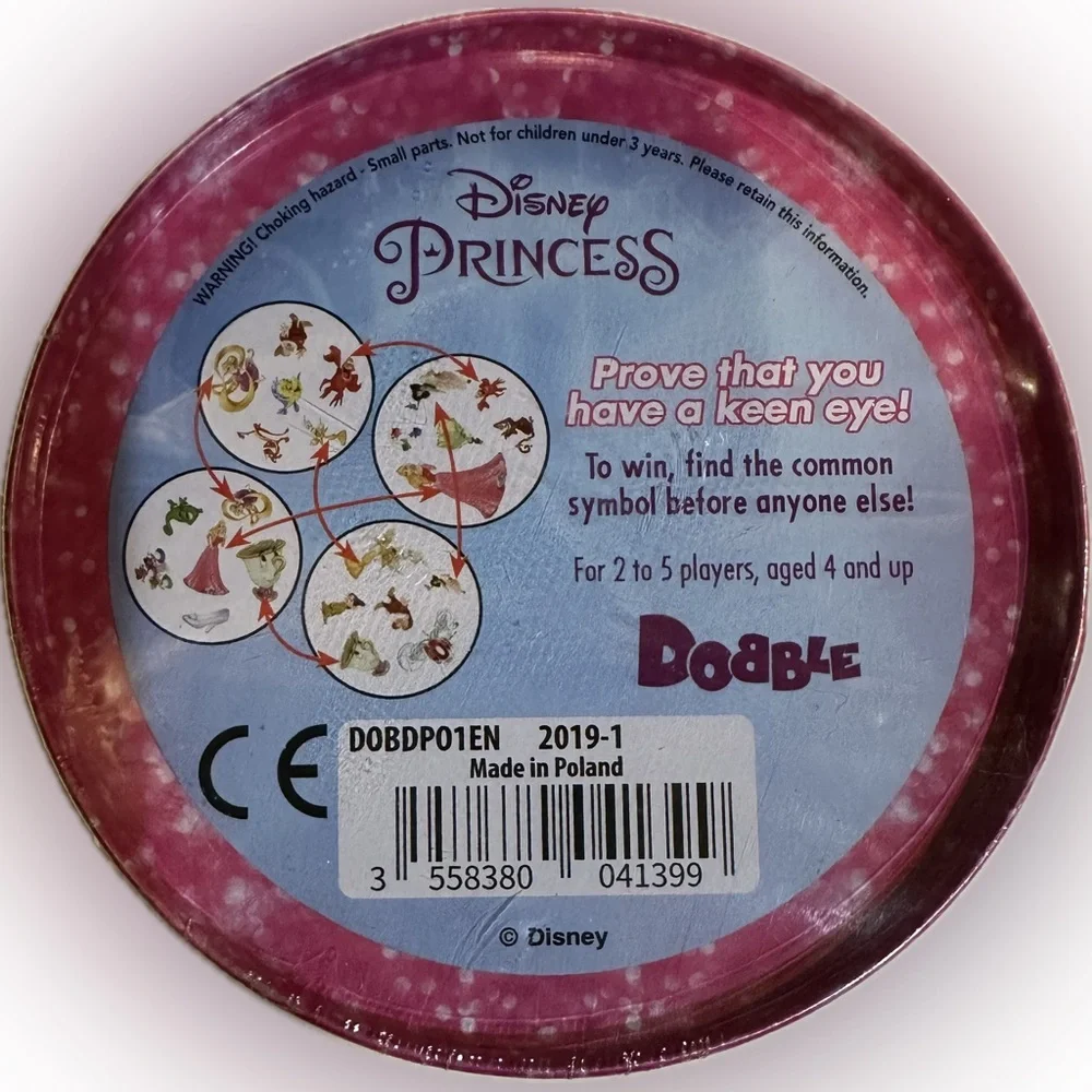 DISNEY PRINCESS DOBBLE SPOT IT ROUND CARD GAME TRAVEL RAPUNZEL SNOW WHITE ARIEL